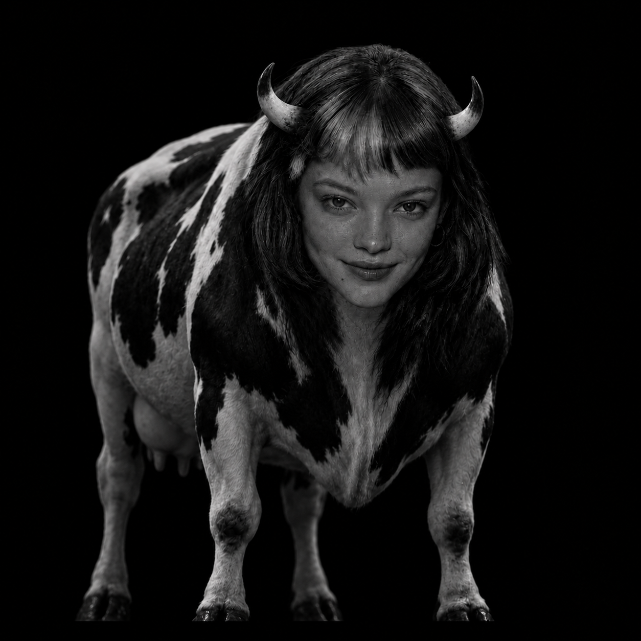 Claudia, a black-and-white cow with a woman's face and small curved horns
